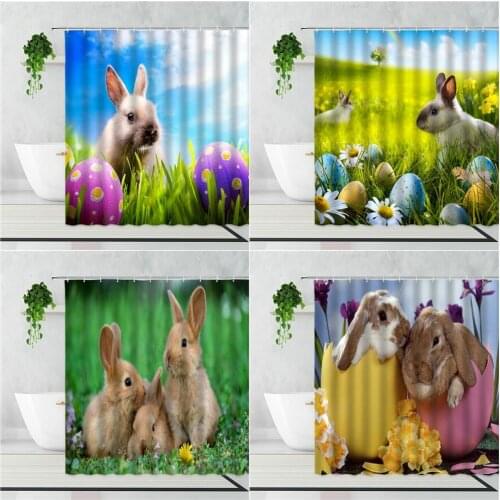 Easter Egg Bunny Shower Curtains green Meadow Cute Animal Holiday Decor Bathroom Waterproof Bath Curtain Set Polyester With Hook