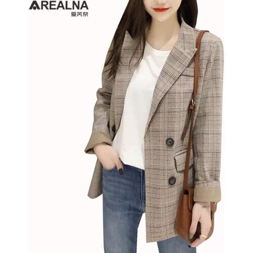 Vintage Double Breasted woman jacket autumn Plaid blazer women Pockets Retro Suits Coat Feminino blazers Outerwear high quality
