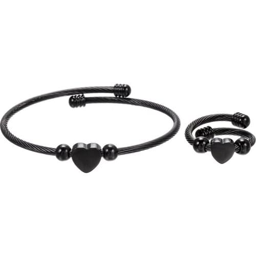 Stainless Steel Charms Heart sign In Gold Color Frame Open Cuff Adjustable Bangle Ring Women Elegant jewelry Set Birthday Gift