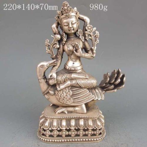Tibet Buddhism silver 4 Arms Chenrezig Buddha Kwan-Yin Tara Ride Duck buddha Statue metal handicraft