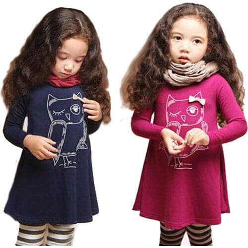 V-TREE NEW fashion cotton girl dress long sleeves baby girl princess dress girls cartoon owl casual clothes