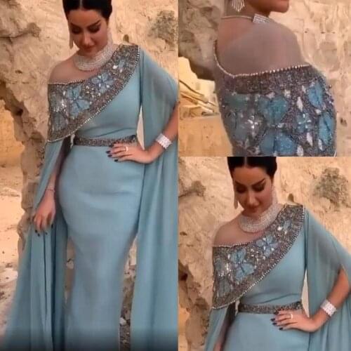 Dusty Blue Mermaid Prom Dresses Plus Size Arabic Sequined Beaded Evening Gown Poet Long Sleeves Formal Party Dress