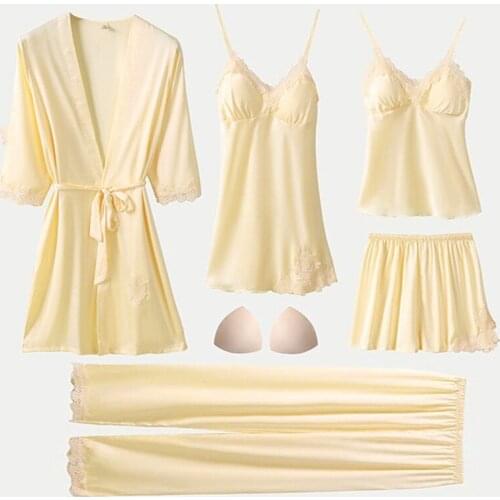 Spring Womens Pijamas Sleep Suit Bridal Lace Sleepwear Home Pajama Set Sexy Ice Silk Nightwear Casual V-Neck Loungewear