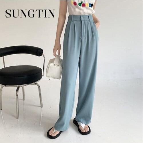 Sungtin High Waisted Wide Leg Pants Women Loose Office Lady Trouser Blazer Suits 2021 Elegant Casual Straight Pants OL Fashion