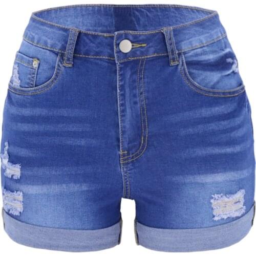 Women s Denim Shorts, Adults High Waist Ripped Jeans Short Pants Close-Fitting Pants for Summer, Dark Blue