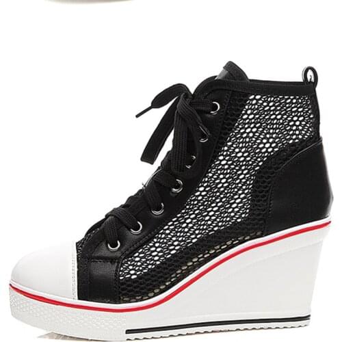 Summer 2021 Wedges Mesh High Heels 8 cm Sandals Increased Women Casual Sneakers High Top Laces Women Hollow Out Shoes Size 43