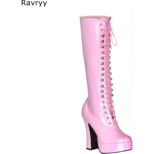 Lace Up Woman pink long boots Pole dance Model Show Fun Club Party Female Shoes Square Heel Cross-tied Women Booties 42 43