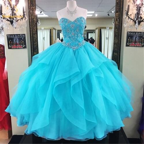 Bealegantom Blue Organza Quinceanera Dresses 2021 Ball Gown Beaded Lace Up Sweet 16 Dress Debutante Vestidos De 15 Anos QA1604