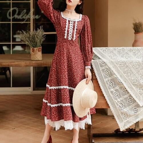 Ordifree 2021 Summer Vintage Red Floral Dress Women Party Dress Long Sleeve White Lace Crochet Print Tunic Long Dress