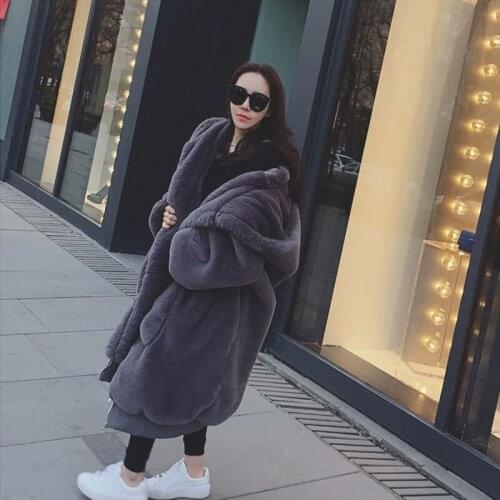 2020 Winter Long Hooded Jacket Coat Women Imitation Mink Fur Coat Faux Fur Harajuku Casual Loose Pocket Plush Coat Outwear Z378