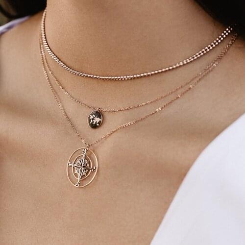 3 Pcs/Set Retro Female Necklace Map Compass Double Beaded Chain Gold Necklace Set Simple Women Birthday Party Jewelry Gifts