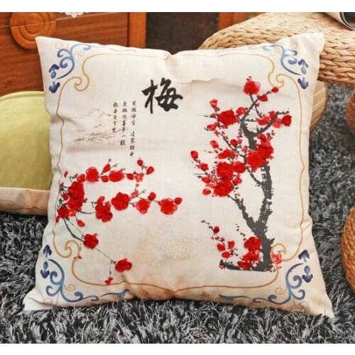 45x45cm 3D plum orchid flowers Ribbon embroidery pillow cushion cover pillowcase set DIY handmade needlework multi picture