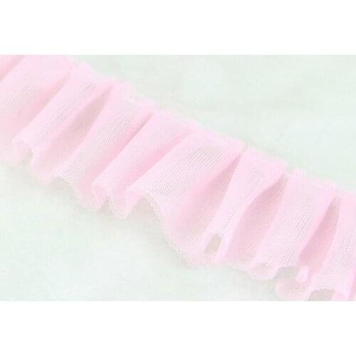 50Yards Ruffle Lace Trim Pink DIY Pleated Lace Trim Ribbon for Sewing/Decoration/Hair Ties Headbands Craft 25mm
