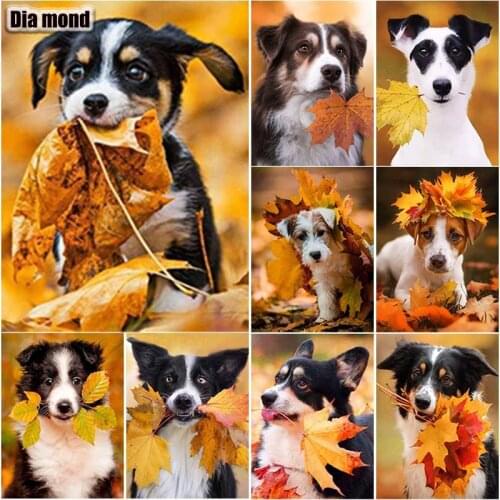 5D DIY Animal Diamond Painting Dog Full Square Round Drill Diamond Embroidery Autumn Leaves Cross Stitch Manual Gift Home Decor