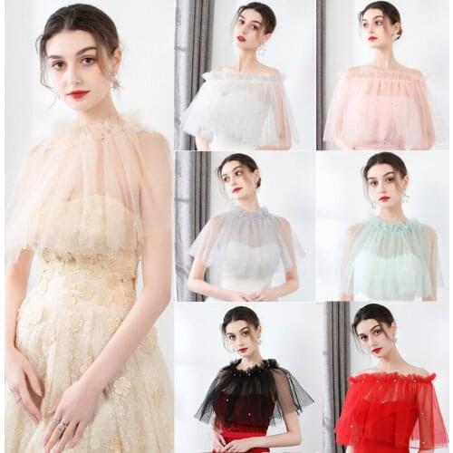 12 Colors Bolero Women Wedding Dress Tulle Cape Mariage Shrug Elegant Prom Party Pearl Sheer Bolero Wraps Wedding Cape Shawl