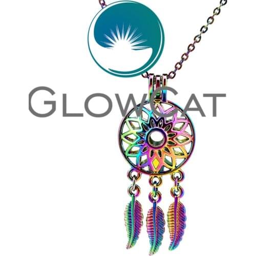 CC679 Rainbow Color Indian Dreamcatcher Beads Cage Pendant Essential Oil Diffuser Aroma Pearl Cage Locket Necklace