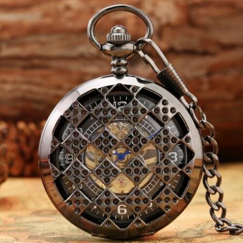 Black Regular Rhombus Hollow Digital Face Mechanical Pocket Watch Hand-winding FOB Chain Full Steel Pocket Watch for Men Women
