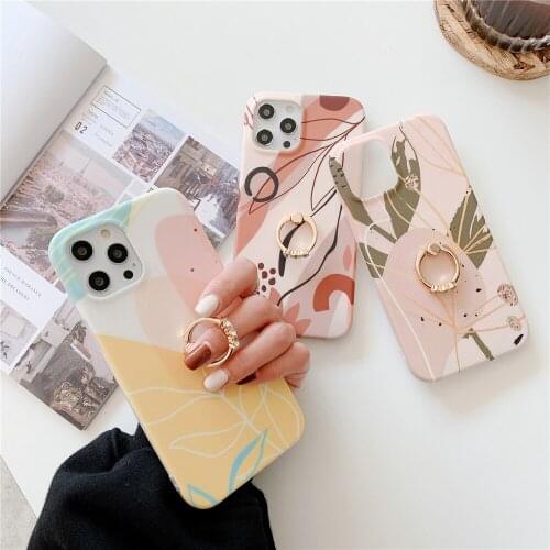 For iPhone 12 Mini 11 Pro Max SE 2020 XS XR 7 8 Plus Phone Case with Ring Holder Matte Cover Soft IMD Aquarelle Leaf Fundas