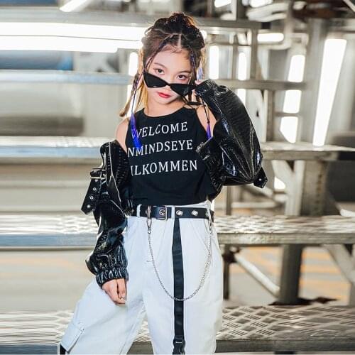 Girls Jazz Costumes Black Jacket White Pants For Kids Hip Hop Clothing Modern Dance Clothes Cool Hiphop Suit Performance Outfit