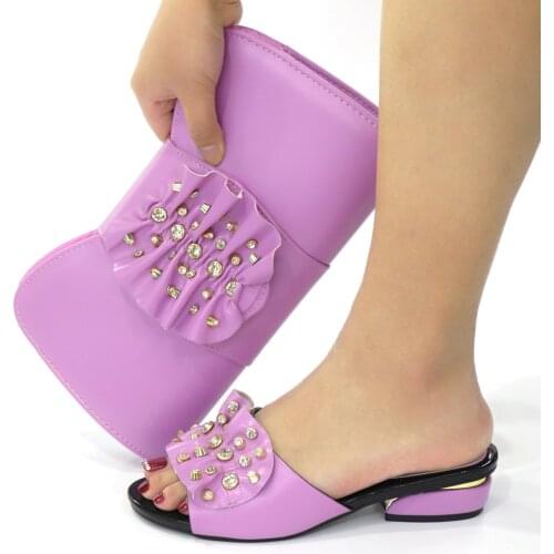 Hot Sale Pink Heel 4CM Women Shoes Match Bag With Rhinestone Decoration African Handbag Set CR286