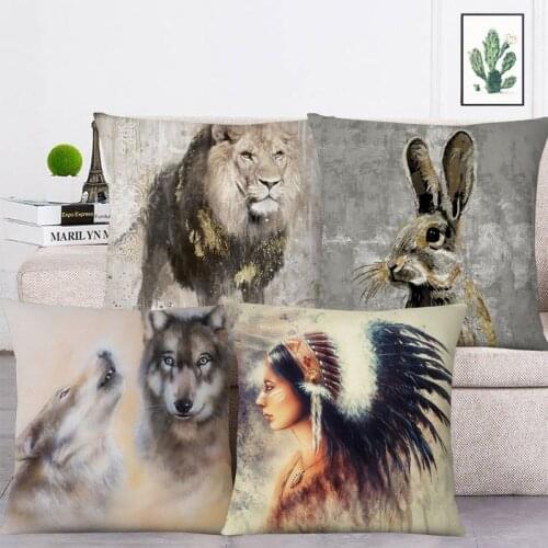 Indian Woman Eagle Portrait Cushion Cover Fox Wolf Lion Pillowcase Decor 45X45cm Sofa Chair Decoration