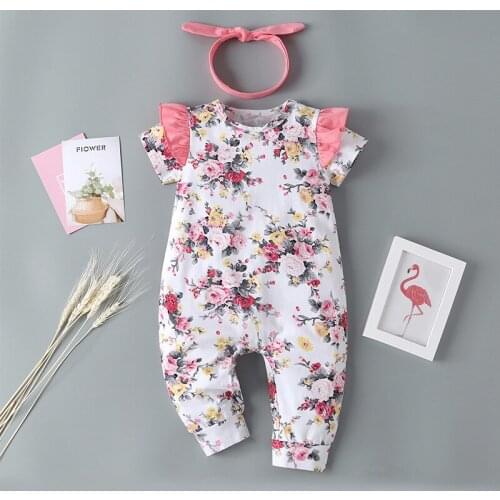 2020 Short Sleeve Long One-piece Romper Printed Climbing Dress Baby Girl Summer Long Climbing Open Dress + Headwear