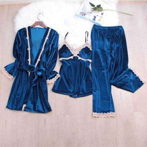Lace Nightgown Velvet Casual Sleepwear Home Suit 3PCS Sexy Lingerie Pajamas Set Women Robe Sets Sleep Tops пижама женскаяz