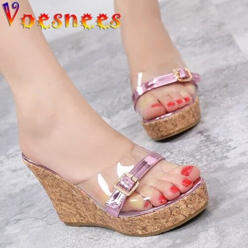 Summer New Transparent Slippers Wood Grain Sole Crystal Womens Shoes High Heel Platform Female Sandals One Word Wedges Slippers