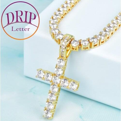 Gold Color Cross Pendant Necklace Set Mens Hip Hop AAAA Zircon Rock Street Jewelry