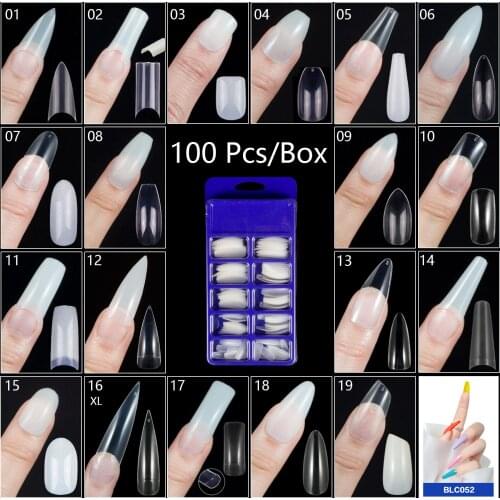 100 Pieces/Box Acrylic False Nail Tips Ballerina Fake Nail Tips 10 Sizes x 10 pcs Almond Oval Round Square Nail Tips Faux Nails
