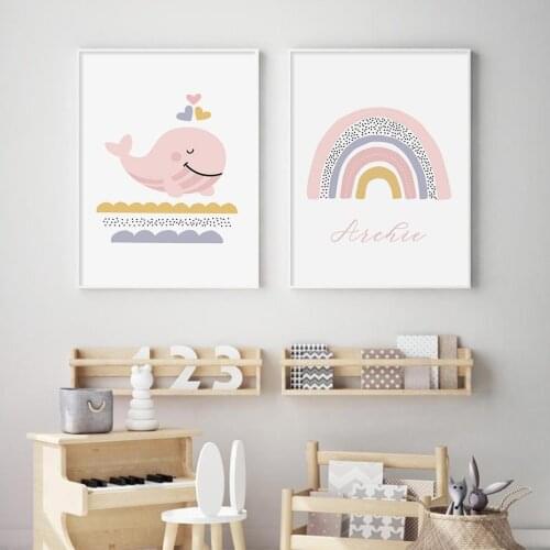 Sweet Pink Whale Rainbow Custom Name Initial Nursery Girls Canvas Paintings Poster Prints Wall Art Pictures BedRoom Home Decor