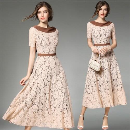 New High Quality Explosions Leisure Vintage color matching Dresses Women lace Spring Casual Dress