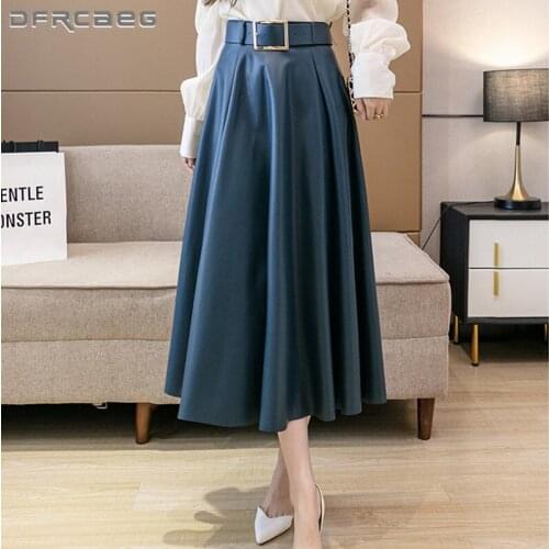 Autumn Winter Vintage Pu Leather Skirts Long Women 2021 High Waist Casual Elegant Pleated A-Line Skirt Female