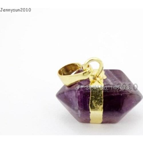 Natural Ame-thyst Gems Stone Horizontal Petite Nugget Hexagonal Pointed Reiki Chakra Necklace Gold Pendant Charm Beads10Pcs/Pack