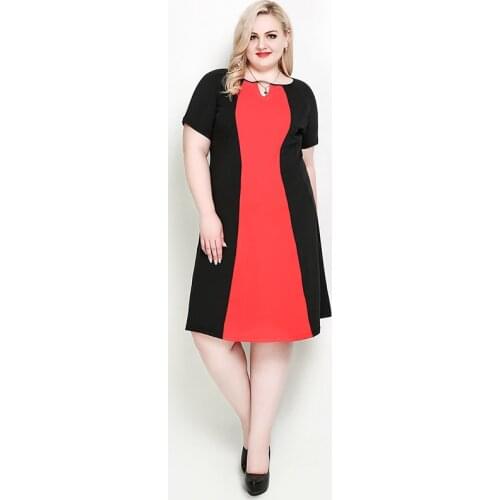 Plus Size 7XL Women Dress Casual Style Elegant Slim O Neck Short Sleeve Loose Stitching A Line Midi Dress Office Female vestido