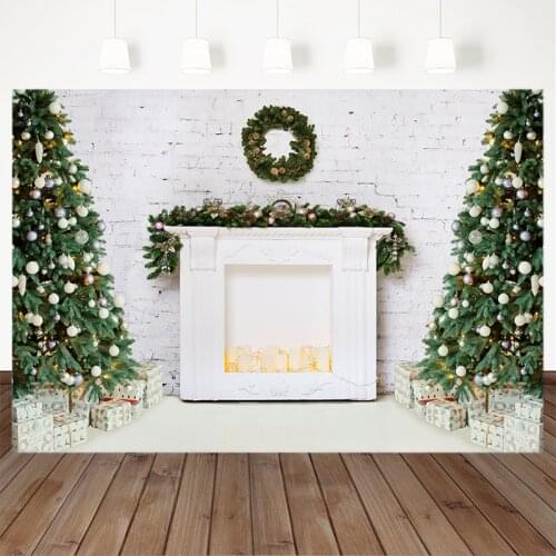 Christmas Photography Background Christmas Tree Fireplace Gift Brick wall Backdrop Kids Party Decoration Banner For Photo Studio