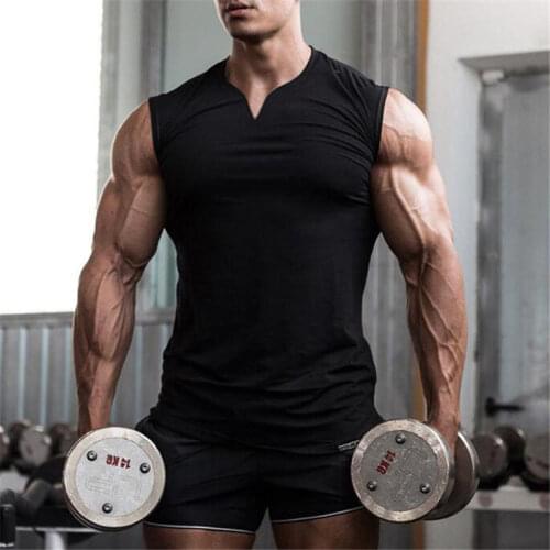 Gym Clothing V Neck Compression Sleeveless Shirt Fitness Mens Tank Top Cotton Bodybuilding Stringer Tanktop Singlet Workout Vest