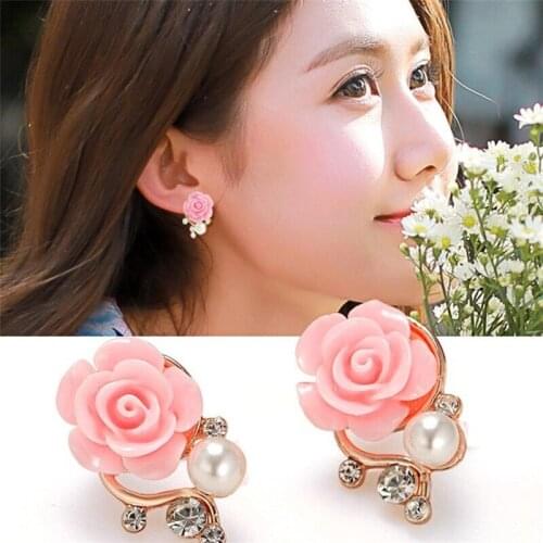 SUMENG 2020 New Fashion Korean Jewelry Exaggerated Earrings For Women Ol Pink Rose Imitation Pearl Crystal Earrings Gifts