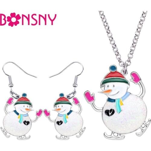 Bonsny Enamel Alloy Christmas Skiing Snowman Jewelry Sets Drop Earrings Necklace Pendant New Year Decoration For Women Girl Gift