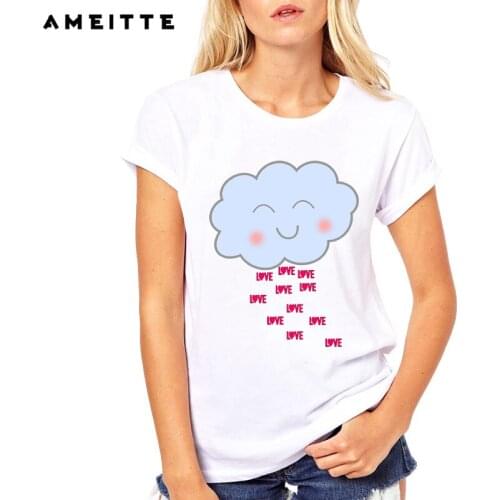 AMEITTE 2019 Summer Tops Cute Smile Love Cloud Print T Shirts Base O-Neck Short Sleeve Women Tshirt All-match White Tee Shirt