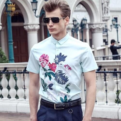 Fanzhuan Free Shipping New fashion casual 2017 male mens short sleeved summer elasticity Printed shirt 713070 blouse pink slim