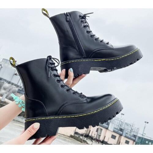 2021 Winter Fashion Womens Boots Lace Up Mid-Calf Round Head Women Boots Black Square-Heel Mid-Heel Pu Women Shoes Botas Mujer