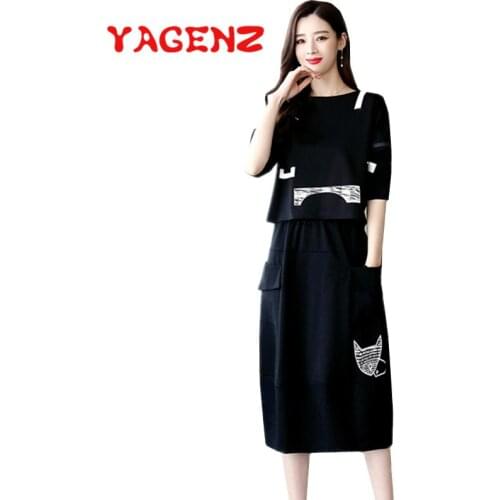YAGENZ Spring Plus size Suit Skirts Two Piece Set Women Clothes Long sleeve Tops And Skirts Decal 2 Piece Set Womens outfits 672