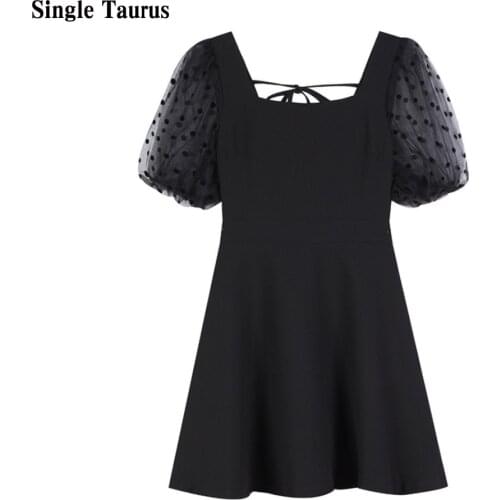 Dresses Womens Summer Vintage A-Line Black Mesh Puff Sleeve Mini Square Collar Elegant Feminine Sexy Chic Korean Dress Vestidos