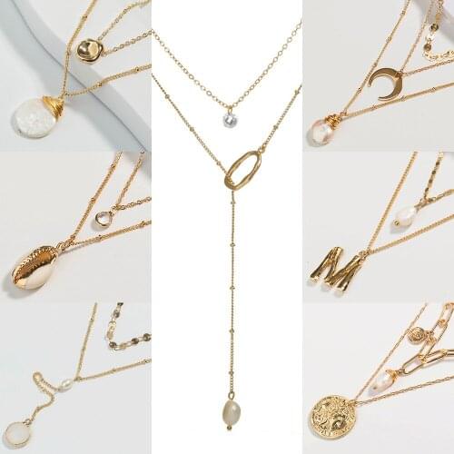 Bohemian Moon Shell Beads Letter Multi layer Necklaces 2019 For Women Girl Gold Color Fashion Pendant Necklace Collar Jewelry