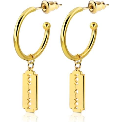 Razor Blade Earrings Women Stainless Steel Hollow Blade Charm Drop Earring Dangle Ear Studs Female Hip Hop Jewelry Gold Color