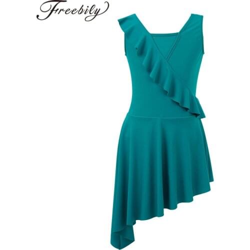 Kids Sleeveless Asymmetrical Ballet Gymnastics Dance Leotard Dress Girls Skating Dress Contemporary Lyrical Dance Costumes