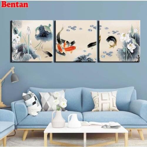Diy diamond painting rhinestone mosaic 3 Pcs Koi fish lotus Paintings calligraphy chinese style Cross stitch 5d embroidery kits