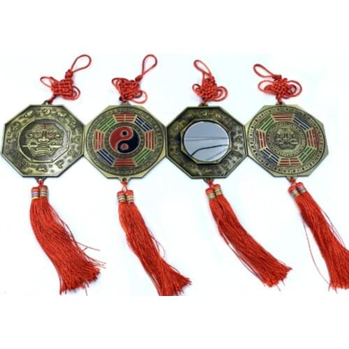 Feng Shui Ornaments, Guardian Lion Biting A Sword,Bagua Mirror with Chinese Knot Tassel, Lucky Charm Home Protection, Car Decor