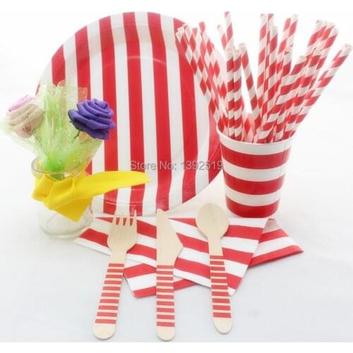 Hot sale 100 sets Red Color Party Tableware Sets Chevron Polka Dot Striped Paper Straw Cup Plate Napkin Spoon Fork Knife